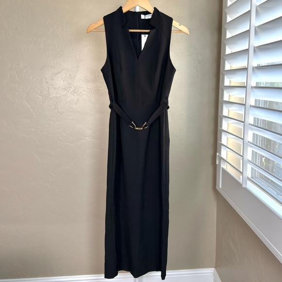 Commense Black Sleeveless V Neck Belted Midi Dress Small NWT - Picture 2 of 9